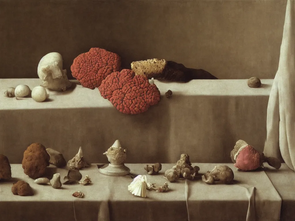 Prompt: Still life with corals, conch shell, white cloth, Buddha Ava statue, wilted flower, moldy bread. Painting by Hammershoi, Zurbaran, Morandi