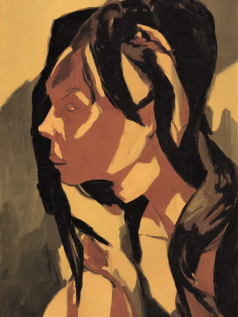 Image similar to portrait profile of one mysterious dark beautiful women in 1 9 7 8, oil painting by john watkiss