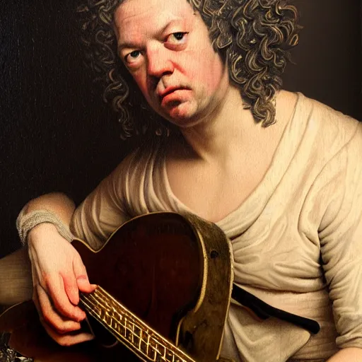 Image similar to A 17th century Baroque Painting of Dean Ween, grainy, realistic, hyperrealistic, very realistic, very very realistic, highly detailed, very detailed, extremely detailed, detailed, digital art, trending on artstation, detailed face, very detailed face, very detailed face, realism, HD Quality, 8k resolution, intricate details, body and head in frame, painting, oil painting, trending on deviantart, Baroque Painting