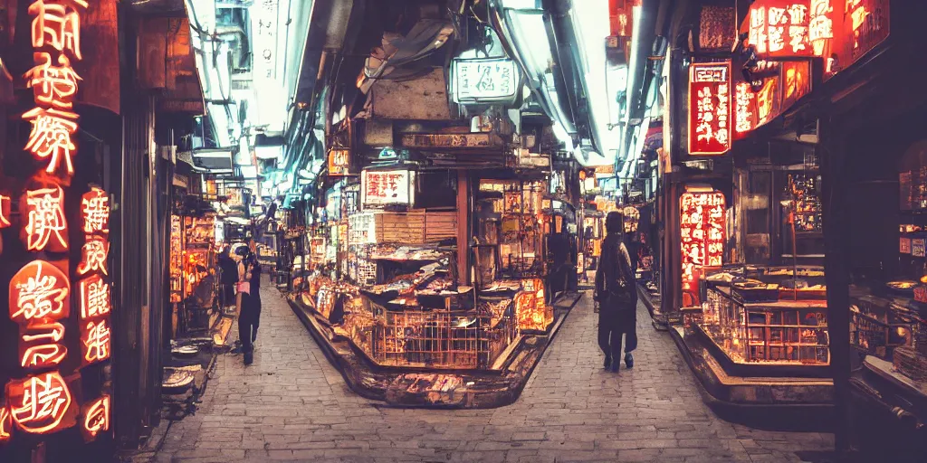 Image similar to underground city street in tokyo, large shopping windows, spice shops, vent pipes, pathway, neon signs, cyberpunk, desolate, cinematic, minimalist, 8 k, trending on artstation, cinematic