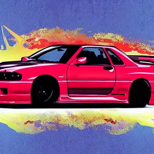 Image similar to beautiful illustration of a ninja driving a modified Nissan skyline r34 with red liquid on it