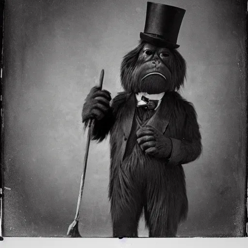 Image similar to a vintage wet plate portrait of a dignified bigfoot with a top hat and cane, extremely detailed, by angus mcbeanbigfoot!!!!!!!!!!!!!!!!!!