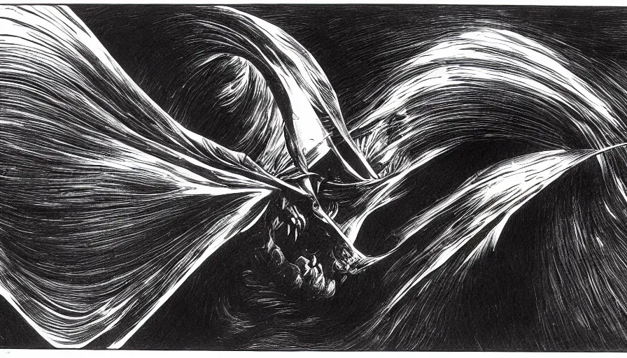 Image similar to bernie wrightson phantom spirit aerial abstract horror shape kinetic aesthetic optical illusion