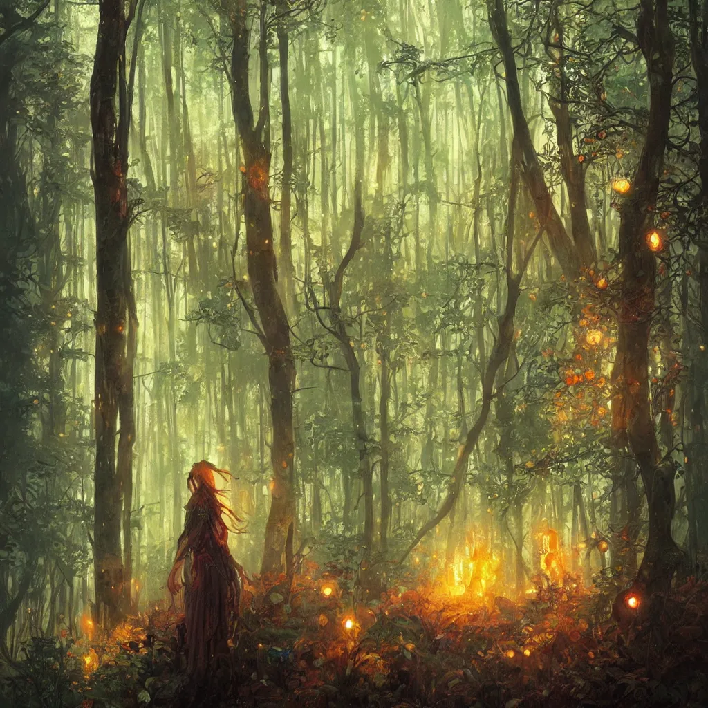 Image similar to forest, overdetailed art, by greg rutkowski, by alfons mucha, complementing colors, magic, colorful lights, fireflies, detailed illustration, wizard