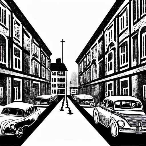 Image similar to book illustration of an old street with old cars, happy people, book illustration, monochromatic, white background, black and white image