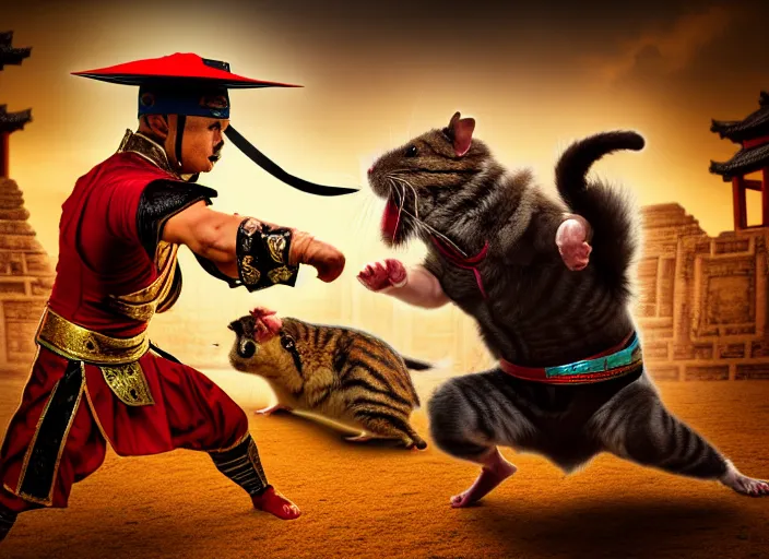 Image similar to hamster dressed as shao khan fights a cat dressed as kung lao in mortal kombat on the background of an ancient temple. fantasy magic style. highly detailed 8 k. intricate. lifelike. soft light. sony a 7 r iv 5 5 mm. cinematic post - processing