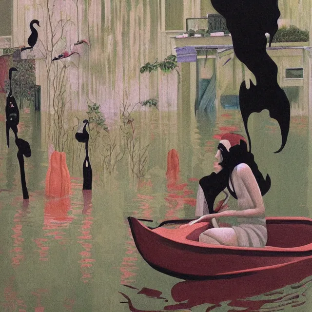 Image similar to tall female emo vegan socialist artist in their flooded apartment, painting of flood waters inside an artist's home, a river flooding indoors, pomegranates, pigs, ikebana, zen, water, octopus, river, rapids, waterfall, black swans, canoe, berries, acrylic on canvas, surrealist, by magritte and monet