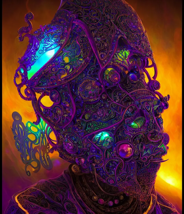 Image similar to front!!! shot of a court jester character, hyperdimensional, bioluminescent hypercubes, dark holography!!!, sunset psychedelic, chrome, (((intricate))), elegant, highly detailed, centered, (((artstation, concept art, smooth, sharp focus, artgerm, Tomasz Alen Kopera, Peter Mohrbacher, donato giancola, Joseph Christian Leyendecker, WLOP, Boris Vallejo))), mugshot!!!!!, ugly!!!!!!, octane render, nvidia raytracing demo, octane render, nvidia raytracing demo, octane render, nvidia raytracing demo, grainy, muted, 8K, digitalblasphemy, metatron