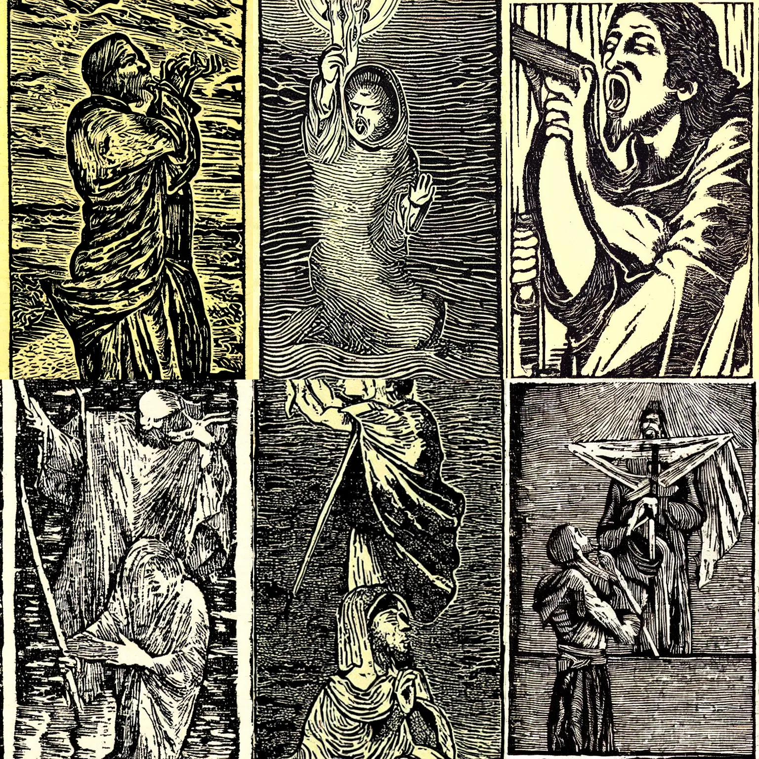 Prompt: let my mouth be ever fresh with praise, american woodcut art, ( ( ( tarot ) ) ), symbolism