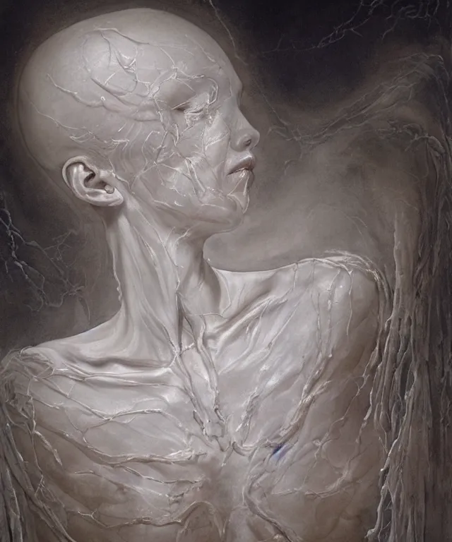 Image similar to Beautiful full-body wax sculpture of glowing transparent woman with visible bones covered with melted white candle wax inside the singularity where stars becoming baroque folds of dark matter by Michelangelo da Caravaggio, Nicola Samori, William Blake, Alex Grey and Beksinski, dramatic volumetric lighting, highly detailed oil painting, 8k, masterpiece