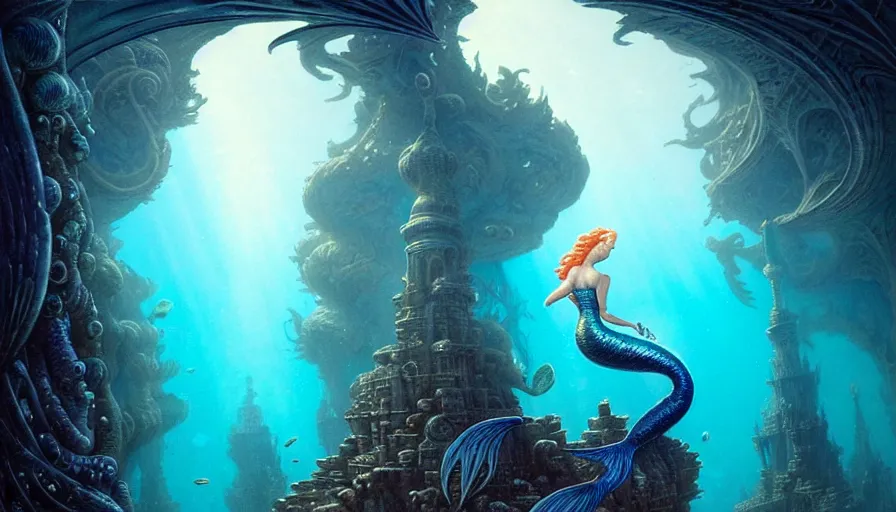 Image similar to a graceful beautiful mermaid looking at the sunken city of Atlantis deep under water, stunning undersea intricate detailed grand architecture in the style of Joe Fenton, art style by Greg Rutkowski and Mohrbacher, deep underwater scene, dark and moody, rays of sunlight, faint volumetric god rays, grim crushing atmosphere, trending on artstation, masterpiece, claustrophobic, 8k octane beautifully detailed render, post-processing, extremely hyperdetailed, intricate, epic composition, grim yet sparkling atmosphere, cinematic lighting + masterpiece, trending on artstation, very detailed