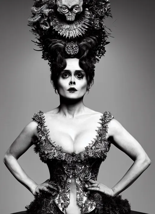 Image similar to a portrait of helena bonham carter by erwin olaf and nekro borja, photorealistic, intricate details, hyper realistic, dark fantasy, rococo onyx headpiece, crystals, photorealistic, canon r 3, photography, symmetrical features, symmetrical pose, wide angle shot, head to toe, standing pose, feet on the ground,