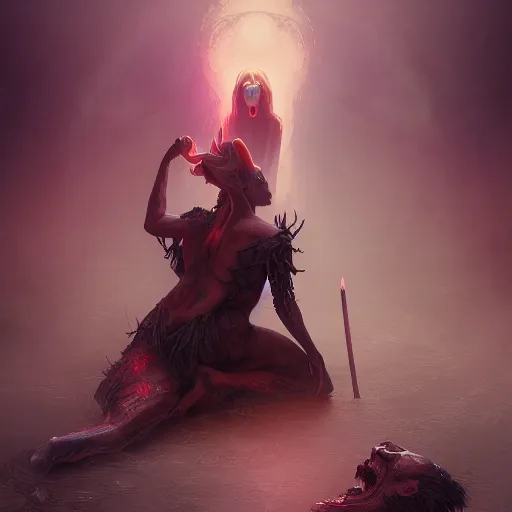 Image similar to an demoness kneeling down trying to resurrect his friend from dead, mystic aura and fog artstation, Grim fantasy,emotional, EOS R5, f/2.5 , illustration , concept art, award winning photograph, 8k, Alphonse Mucha style,