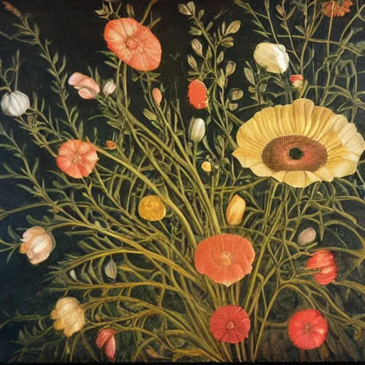 Prompt: oil painting of many various flowers on a dark background, painted by Sandro Botticelli, the flowers are floating and are seen from the side, dark atmosphere, realistic flowers oil painting