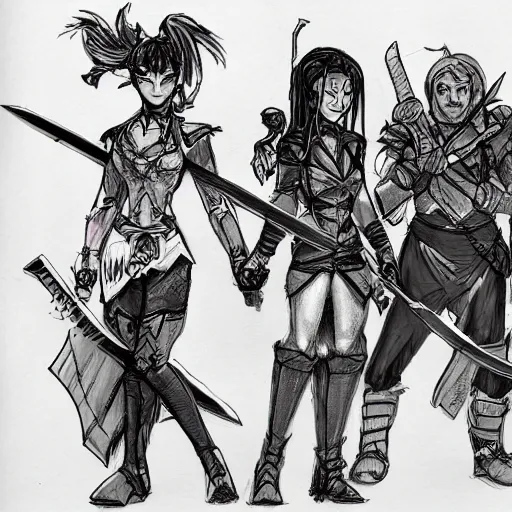 Image similar to a shotgun - toting union hunter and a noble, sword - wielding magical girl stand back to back against a wall while darkspawn creatures approach them. concept art storyboard sketch