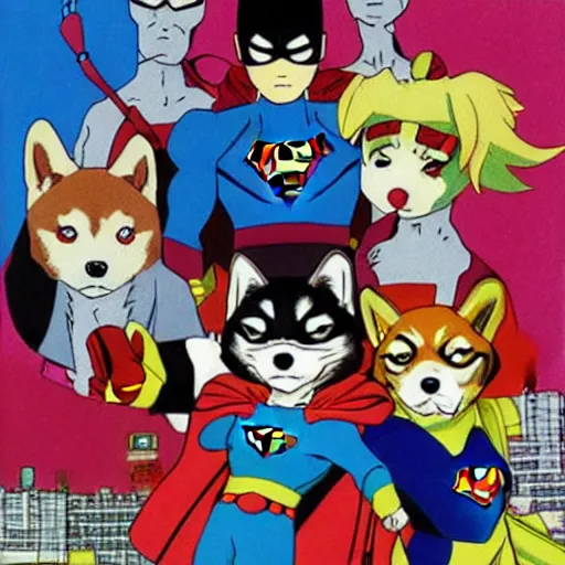 Prompt: superhero shiba inu, 9 0 s anime style by akira kito, by naoya hatakeyama