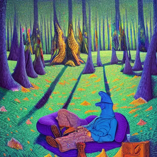 Image similar to psychedelic couch sofa in the pine forest, goose, milky way, designed by moebius, rob gonsalves, gustav dore, giuseppe arcimboldo and carl barks, louis wain, trending on artstation, canada, star, sharp focus, colorful refracted sparkles and lines, soft light, 8 k 4 k