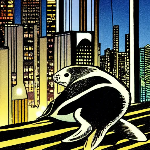 Image similar to baby seal sitting on the edge of a roof looking at the city at night, wide angle, comic book by frank miller