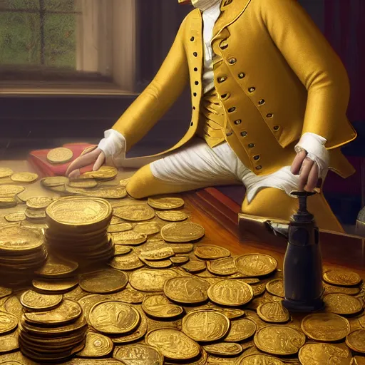 Image similar to a closeup photorealistic photograph of a happy George Washington inspecting small gold Doubloon coins at his home on Cherry Street. This 4K HD image is Trending on Artstation, featured on Behance, well-rendered, extra crisp, features intricate detail and the style of Unreal Engine.