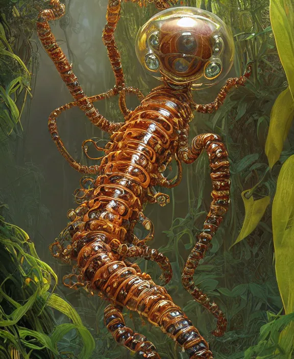 Image similar to intricate ornate opulent transparent clear see - through portrait of a terrifying male alien centipede robot, mottled coloring, adorable, childlike, overgrown jungle environment, ultra realistic, concept art, art nouveau, photorealistic, octane render, 8 k, unreal engine. art by christopher marley and artgerm and greg rutkowski and alphonse mucha