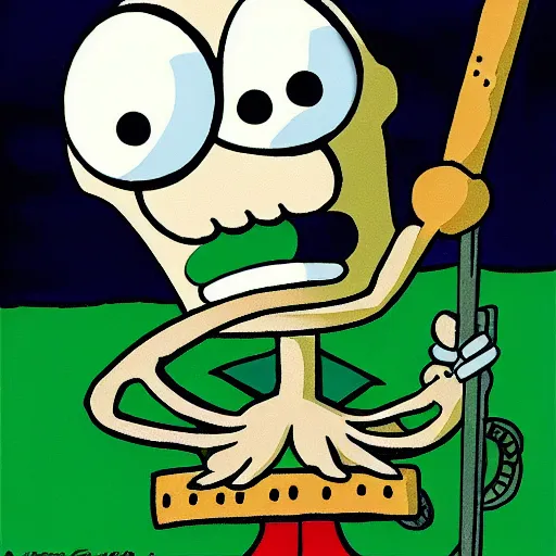 Prompt: squidward from spongebob squarepants holding a hammer, intricate abstract, cartoon by stephen hillenburg