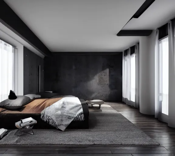 Image similar to brutalist black mansion luxury bedroom interior design minimalist organic, organic architecture furniture open space high quality octane render blender 8 k