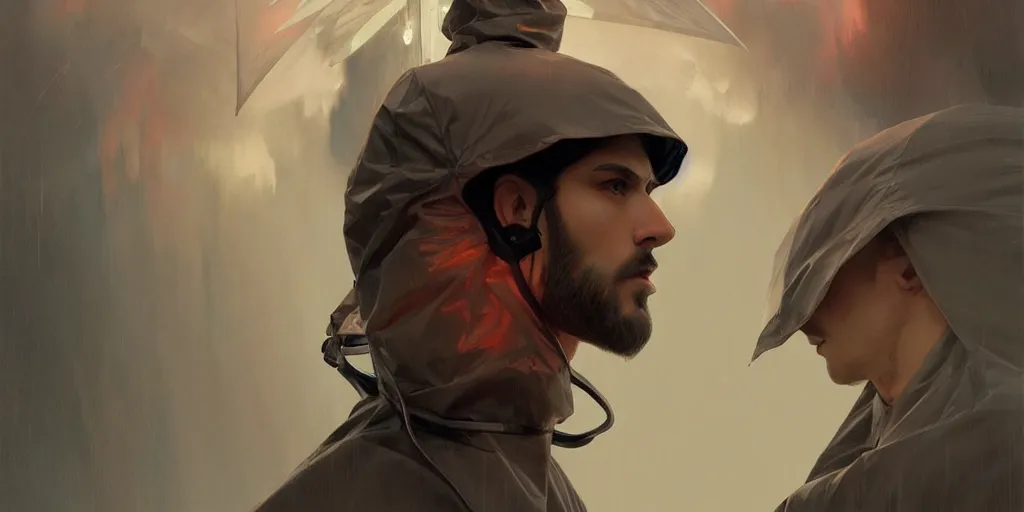 Image similar to european ( ( ( ( bald man ) ) ) ) dressed in raincoat, male, clear face, masculine, upper body, highly detailed, digital painting, artstation, concept art, matte, sharp focus, illustration, art by artgerm and greg rutkowski and alphonse mucha