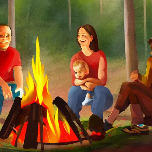 Prompt: fake family having an amazing time at a campfire, concept art, painted,