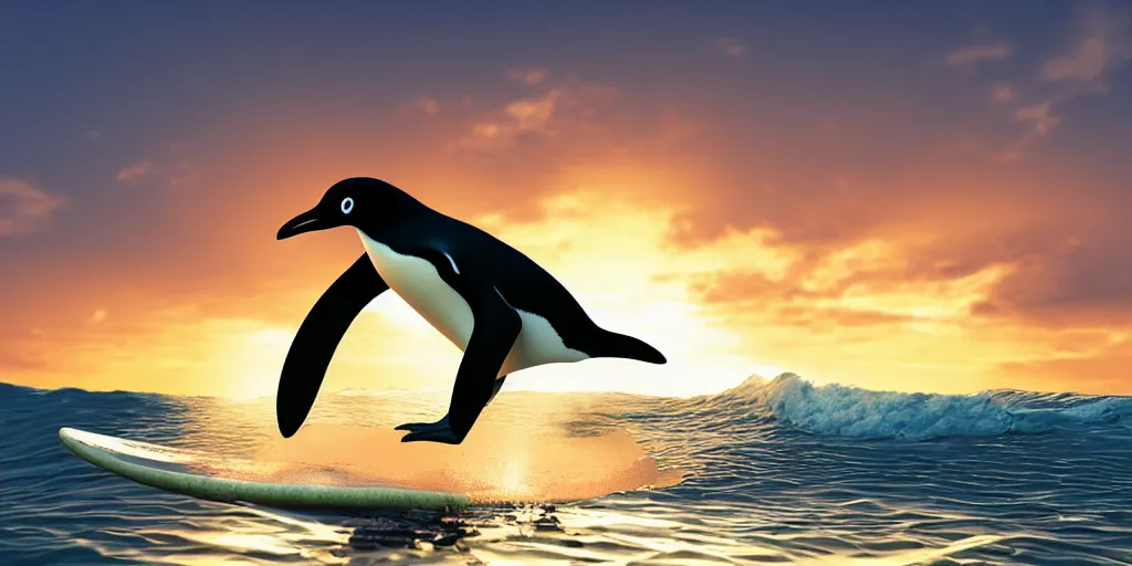 Image similar to penguin on a surfing board, surfing the waves at the sunset, artstation