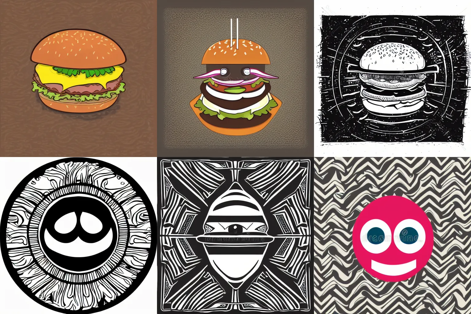 Prompt: beautiful detailed vector illustration of a burger with an eye. vector commercial flat logo