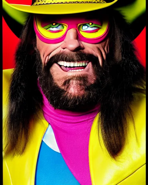 Image similar to disney pixar portrait 8 k photo of macho man randy savage wearing brightly colored spandex pants, jacket, and cowboy hat : : as ultimate professional wrestler by pixar : : by weta, greg rutkowski, wlop, ilya kuvshinov, rossdraws, artgerm, annie leibovitz, rave, unreal engine, alphonse mucha : :