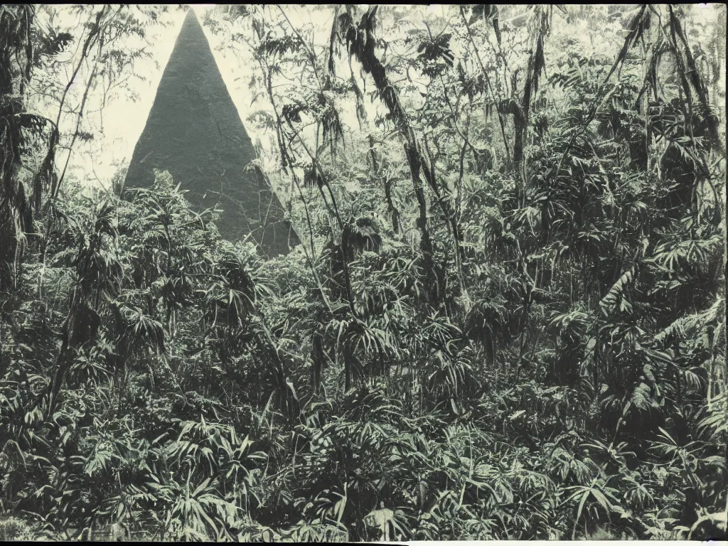 Prompt: old photo of black pyramid in a jungle, polaroid