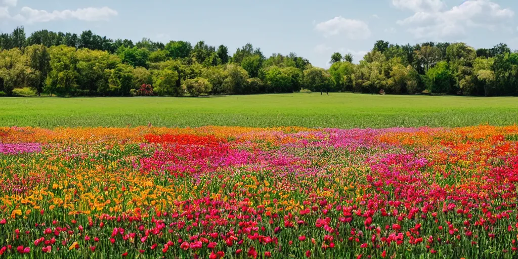 Prompt: on a sunny day, a field full of flowers, in the style of wes anderson