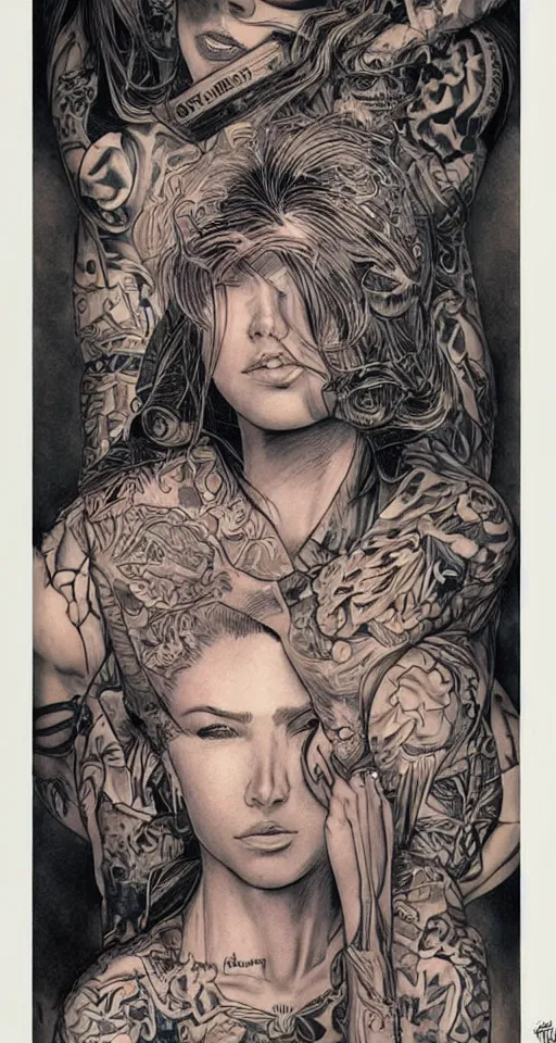 Image similar to a beautiful portrait of a woman with many tattoos, Travis Charest style