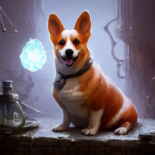 Prompt: highly detailed digital illustration of a corgi thaumaturgist in an arcane laboratory, d & d character art, fantasy, intricate, magical, glowing, greg rutkowski, trending on artstation