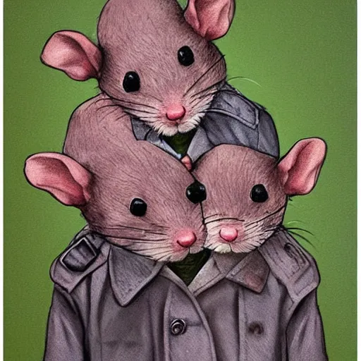 Prompt: photorealistic art of three rats standing on each others shoulders wearing a trench coat disguised as a person