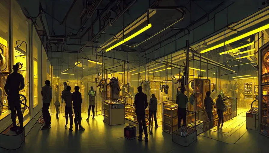 Prompt: inside a robotic shop store in The City of Lisbon at night with a few customers, extreme plus resolution scifi concept art, intricate details to everything visible, sharp lighting, Dramatic light by denis villeneuve, strong emphasis on alphonse mucha, Makoto Shinkai