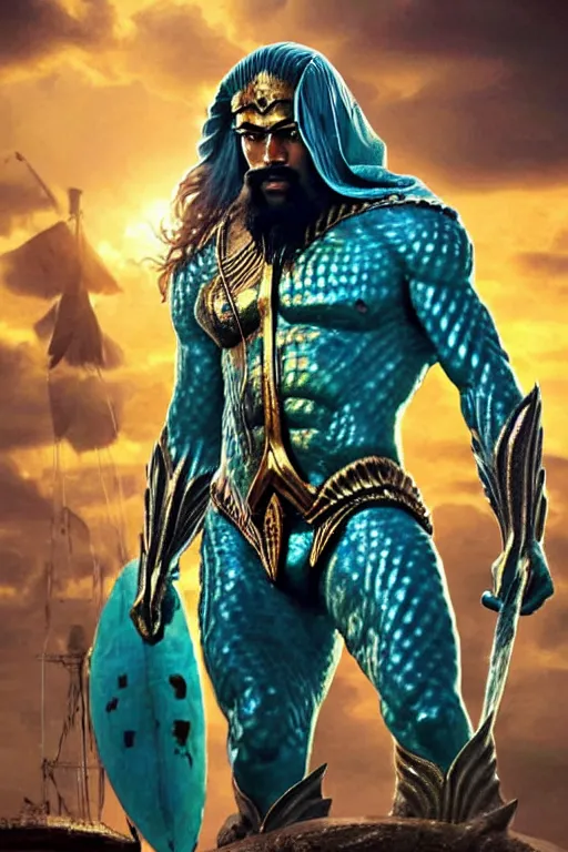 Image similar to Manmohan Singh as Aquaman, Aquaman costume, Manmohan Singh blue turban, Aquaman body type, Manmohan Singh Face, calm, grumpy, portrait, masculine figure, highly detailed, digital painting, artstation, concept art, smooth, sharp focus, illustration, cinematic lighting, art by artgerm and greg rutkowski and alphonse mucha