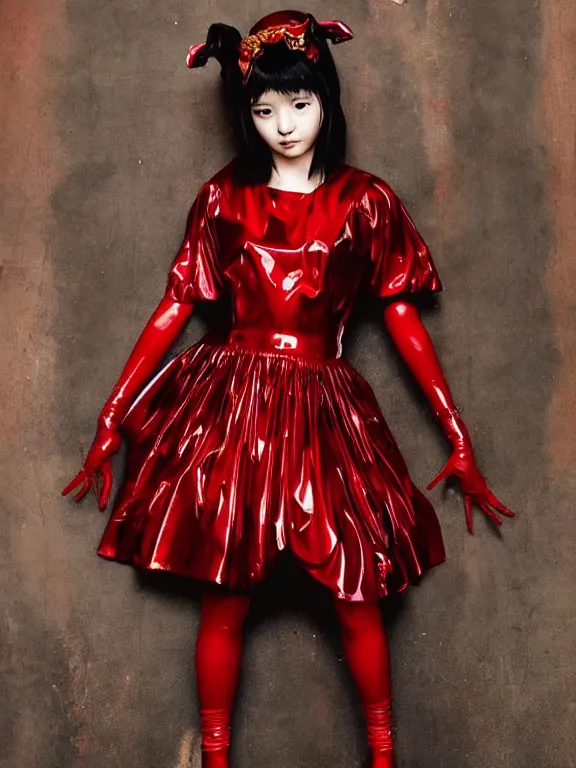Image similar to Babymetal singer wearing Translucent Red and Gold latex dress fashion photoshoot