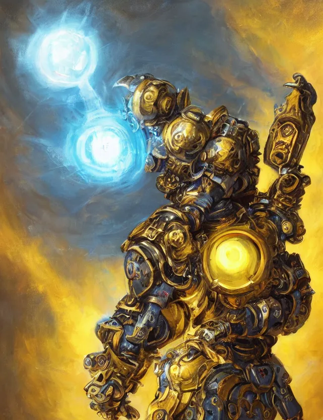 Prompt: full body, attack position abstract painting in lush fantasy environment of a ornate holy mechanical warforged with circular glowing eye, character in yellow armor holding a legendary paladin engraved holy great longsword and carrying a huge heavy paladin shield, vertically flat head, face in focus, epic , trending on ArtStation, masterpiece, cinematic lighting, by Delphin Enjolras, by Ruan Jia, by Greg Rutkowski, by Ross Tran