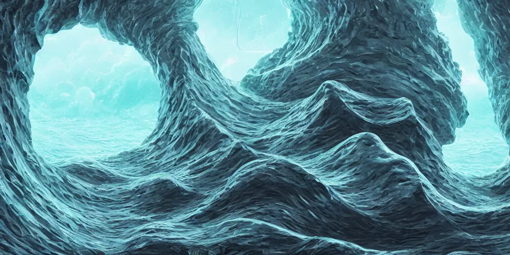 Image similar to of a stormy ocean with strange cute friendly happy creatures with huge eyes, mouth, long tongue, round teeth and goofy face, appearing from the background, in the style of gehry and gaudi, macro lens, shallow depth of field, ultra detailed, digital painting, trending artstation, concept art, illustration, cinematic lighting, photorealism, epic, octane render