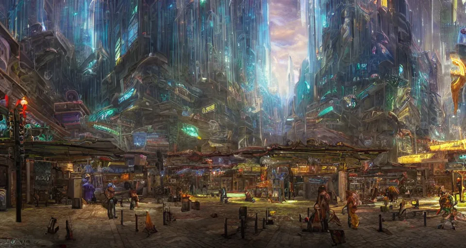 Prompt: A panoramic photo of gameplay from a videogame painted by James Gurney. Ground level streetlevel perspective. Within a crystalline fantasy city populated by strange citizens. Matte painting. Fantastic incredible intriguing mysterious engaging impressive masterpiece lighting. Colorful environment, rule of thirds, symmetrical balance, depth layering, polarizing filter, Sense of Depth, AI enhanced