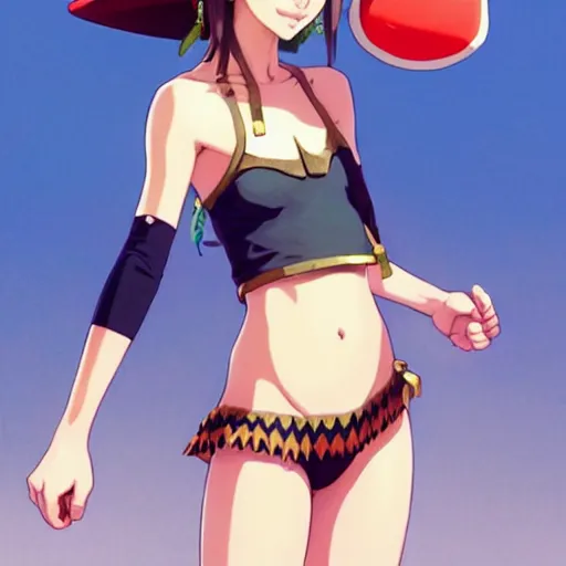 Image similar to beautiful boyish natalie portman alluring gravure model in majora's mask, wearing wooden mask and baseball cap and leotard, street wear with subtle mayan patterns, aztec bathing suit, gapmoe yandere grimdark, trending on pixiv fanbox, painted by greg rutkowski makoto shinkai takashi takeuchi studio ghibli, akihiko yoshida