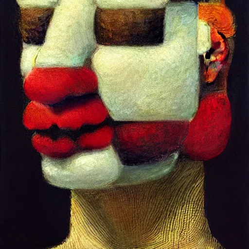 Image similar to portrait photo of a wool sock with face made from pixels and voxels and popcorn, Perfect face, extremely high details, realistic, by Giuseppe Arcimboldo, Edward Hopper, Rene Margitte