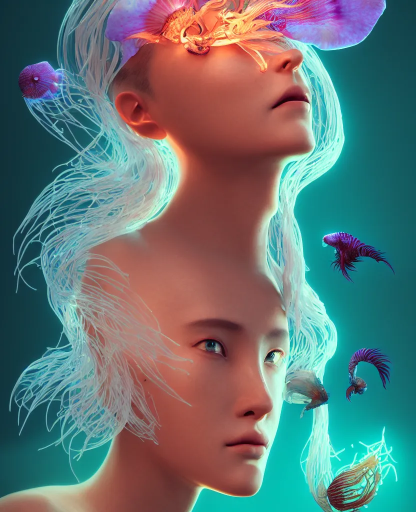 Prompt: goddess close-up portrait. colibri orchid jellyfish phoenix head, nautilus, skull, betta fish, bioluminiscent creatures, intricate artwork by Tooth Wu and wlop and beeple. octane render, trending on artstation, greg rutkowski very coherent symmetrical artwork. cinematic, hyper realism, high detail, octane render, 8k