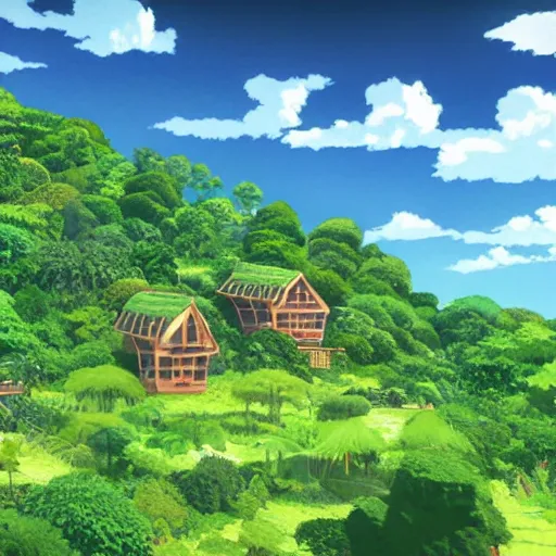 Prompt: stunning vista of lush foliage and wooden homes under dramatic sky, by studio ghibli, sharp focus vfx key shot