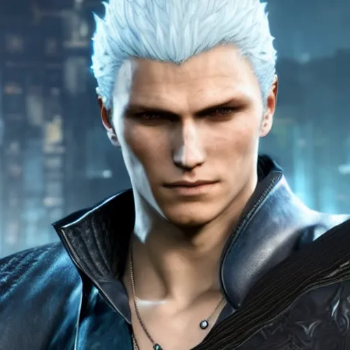 Image similar to Vergil, from dmc5, son of Sparda, beautiful, 4k, detailed face, aesthetic, realistic face, cool