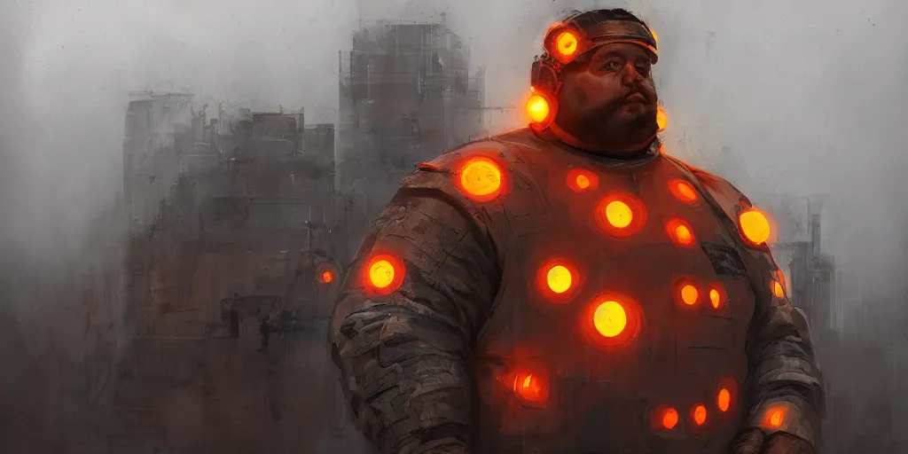 Image similar to portrait of a fat man sci fi soldier ranger, brutalist city architecture, orange dark epic, emissive lights and cables and wires, high details, ceremonial clouds, dripping paint, fibonacci rhythm, artstation, art germ, wlop, pablo dominguez, sabbas apterus, award - winning, artstation