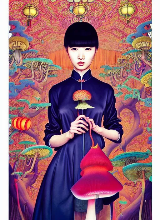 Image similar to pretty chinese model with hallucination mushroom : : by martine johanna and simon stalenhag and chie yoshii and casey weldon and wlop : : ornate, dynamic, particulate, rich colors, intricate, elegant, highly detailed, vogue, harper's bazaar art, fashion magazine, smooth, sharp focus,