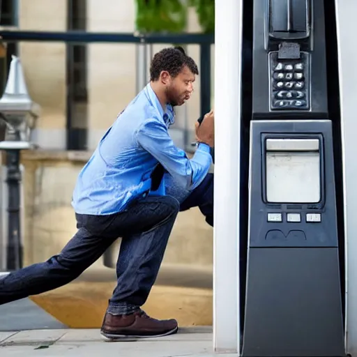 Prompt: man talking on a pay phone when a boot or foot comes through the receiver of the phone handset and kicks him in the ear